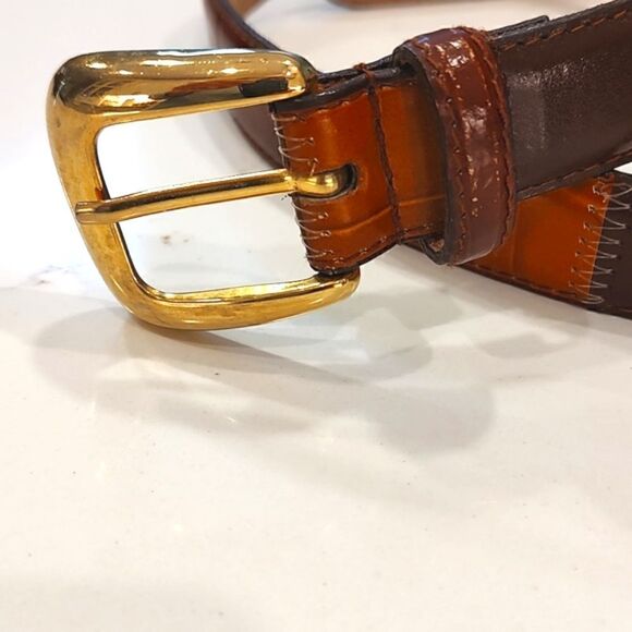 Leather Patchwork Reptile and Croc Embossed Belt Goldtone Buckle Size M - Picture 2 of 13